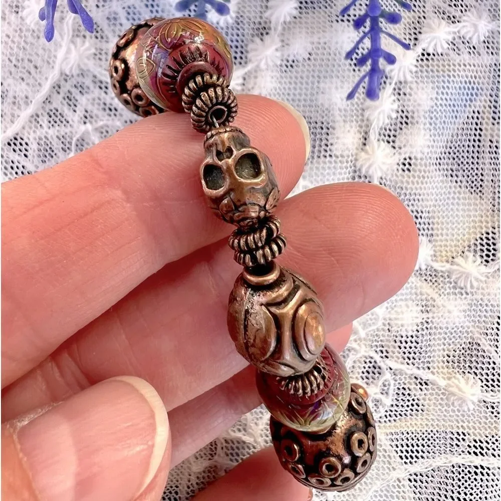 Vintage Boho Copper Beaded Skull Bracelet